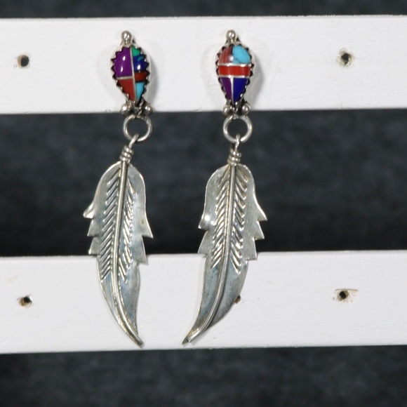 handmade 925 sterling silver turquoise MOP sugarlite spiny oyster native earring - Picture 3 of 5